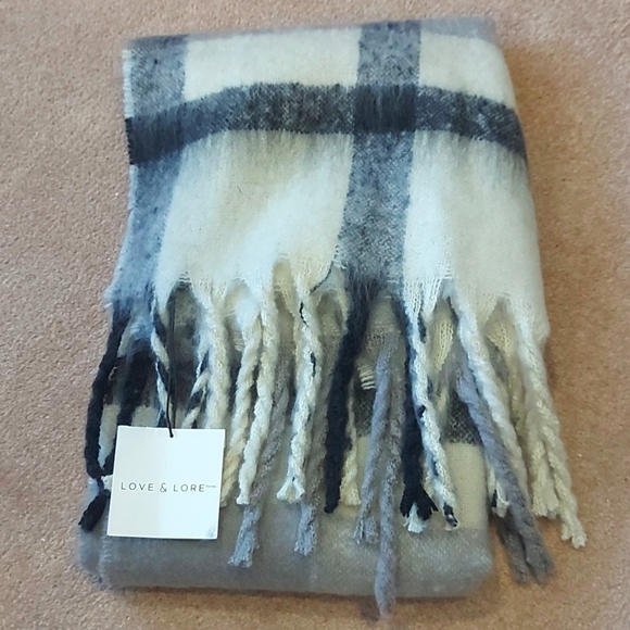 Love & Lore Brushed Fringe Scarf, Greyscale Modern Plaid - Picture 6 of 6